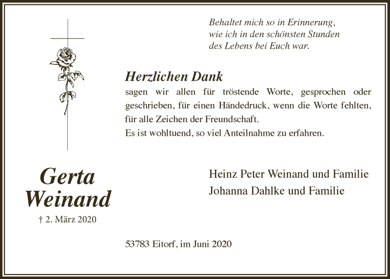  Traueranzeige für Gerta Weinand vom 29.05.2020 aus  Extra Blatt 