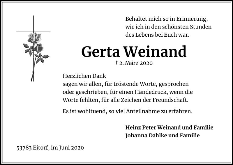  Traueranzeige für Gerta Weinand vom 30.05.2020 aus Kölner Stadt-Anzeiger / Kölnische Rundschau / Express