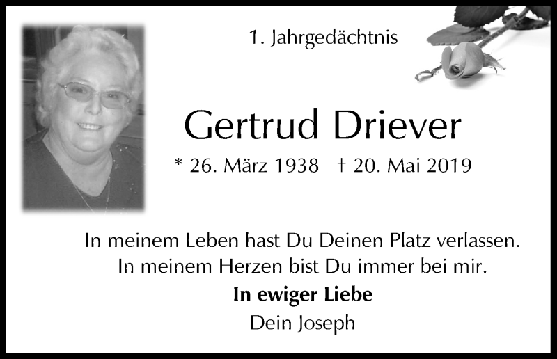  Traueranzeige für Gertrud Driever vom 20.05.2020 aus Kölner Stadt-Anzeiger / Kölnische Rundschau / Express