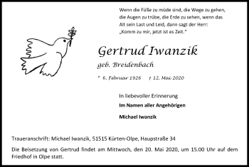 Anzeige von Gertrud Iwanzik von Kölner Stadt-Anzeiger / Kölnische Rundschau / Express