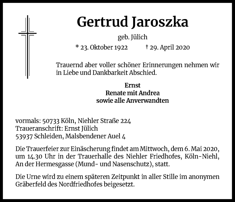 Traueranzeige für Gertrud Jaroszka vom 02.05.2020 aus Kölner Stadt-Anzeiger / Kölnische Rundschau / Express