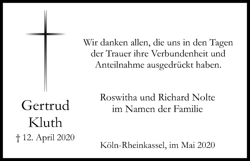 Traueranzeige für Gertrud Kluth vom 23.05.2020 aus Kölner Stadt-Anzeiger / Kölnische Rundschau / Express