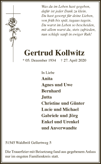 Anzeige von Gertrud Kollwitz von  Lokalanzeiger 