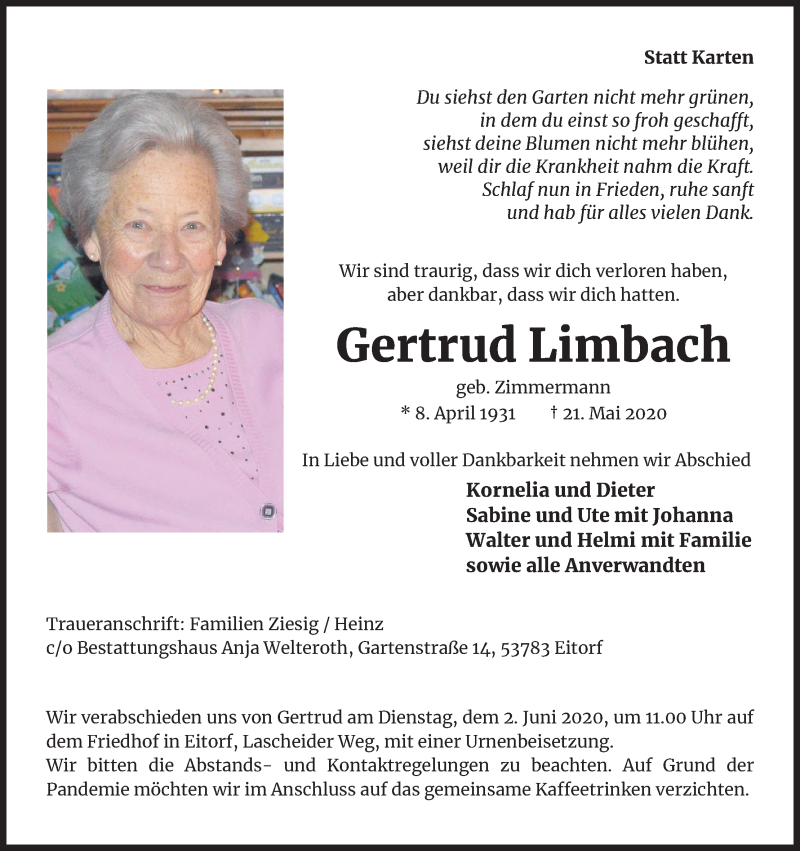  Traueranzeige für Gertrud Limbach vom 28.05.2020 aus Kölner Stadt-Anzeiger / Kölnische Rundschau / Express
