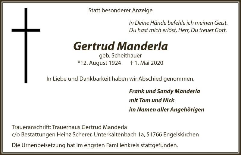  Traueranzeige für Gertrud Manderla vom 15.05.2020 aus  Anzeigen Echo 