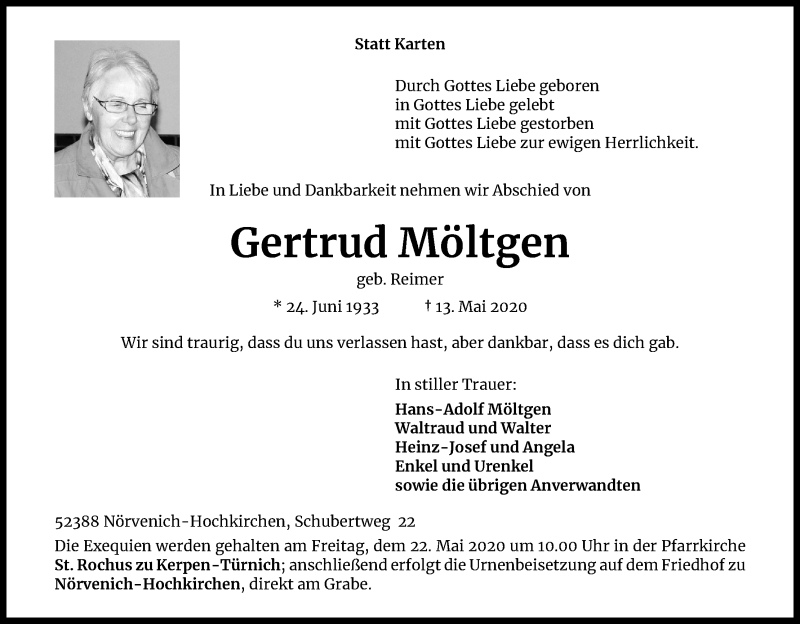  Traueranzeige für Gertrud Möltgen vom 16.05.2020 aus Kölner Stadt-Anzeiger / Kölnische Rundschau / Express