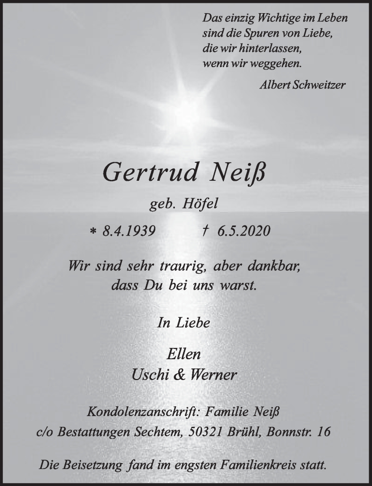  Traueranzeige für Gertrud Neiß vom 16.05.2020 aus  Blickpunkt Euskirchen 