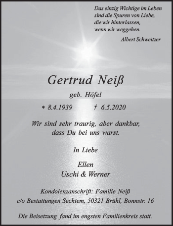 Anzeige von Gertrud Neiß von  Blickpunkt Euskirchen 