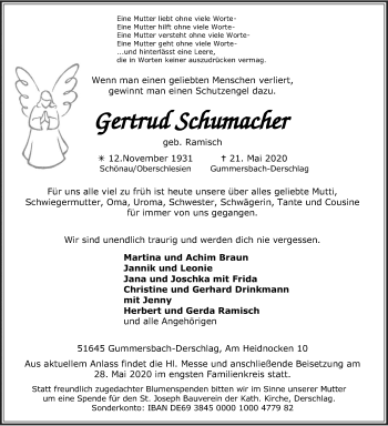 Anzeige von Gertrud Schumacher von Kölner Stadt-Anzeiger / Kölnische Rundschau / Express