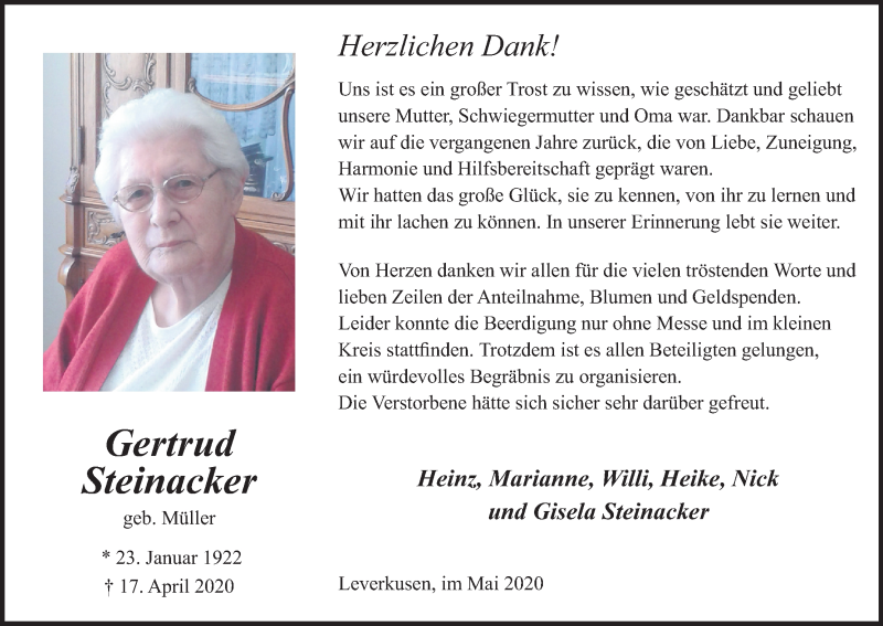  Traueranzeige für Gertrud Steinacker vom 23.05.2020 aus Kölner Stadt-Anzeiger / Kölnische Rundschau / Express