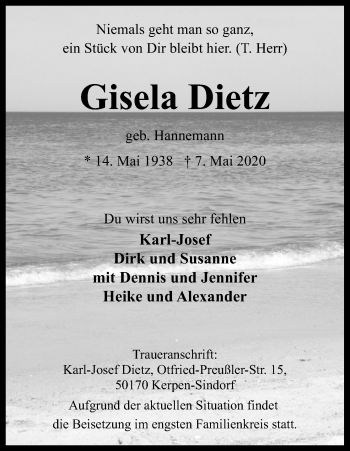 Anzeige von Gisela Dietz von Kölner Stadt-Anzeiger / Kölnische Rundschau / Express