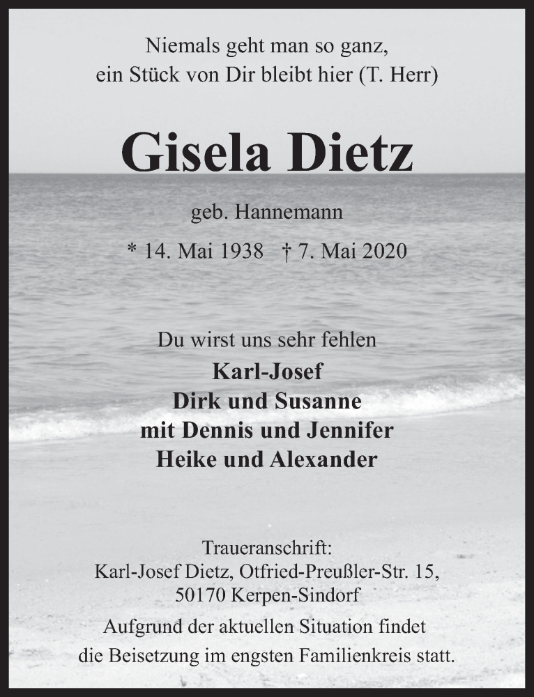  Traueranzeige für Gisela Dietz vom 15.05.2020 aus  Werbepost 