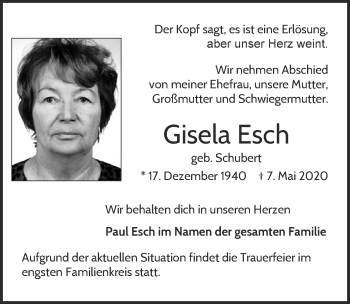 Anzeige von Gisela Esch von  Kölner Wochenspiegel 