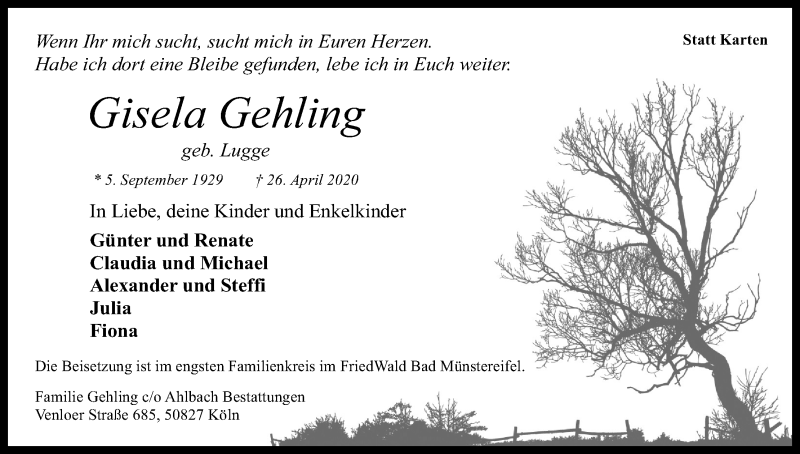  Traueranzeige für Gisela Gehling vom 02.05.2020 aus Kölner Stadt-Anzeiger / Kölnische Rundschau / Express
