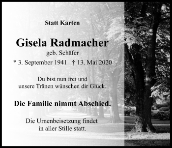 Anzeige von Gisela Radmacher von Kölner Stadt-Anzeiger / Kölnische Rundschau / Express