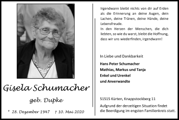 Anzeige von Gisela Schumacher von Kölner Stadt-Anzeiger / Kölnische Rundschau / Express