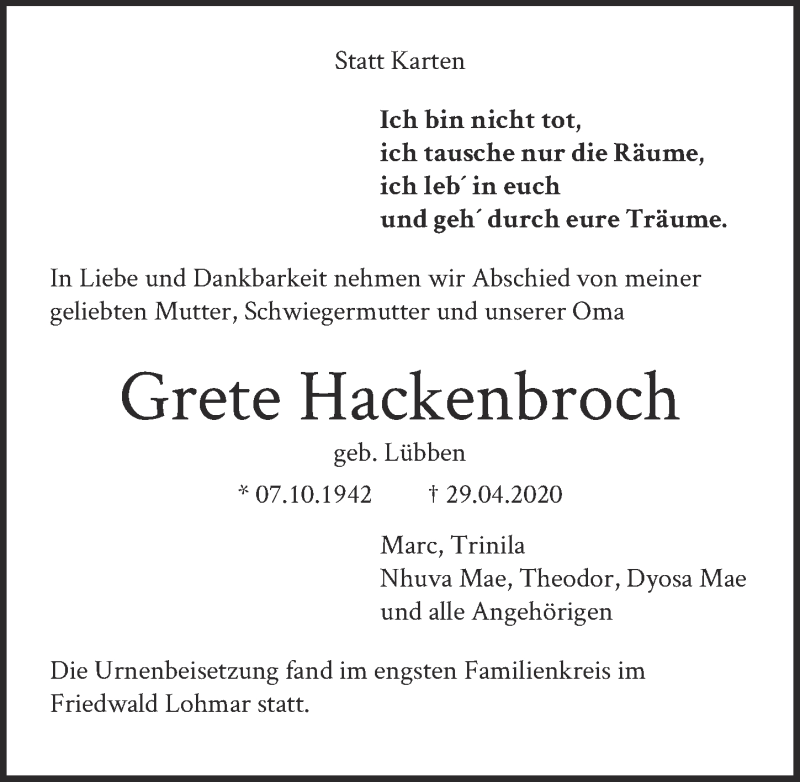  Traueranzeige für Grete Hackenbroch vom 22.05.2020 aus  Kölner Wochenspiegel 