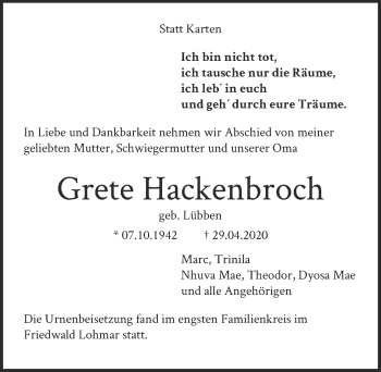 Anzeige von Grete Hackenbroch von  Kölner Wochenspiegel 