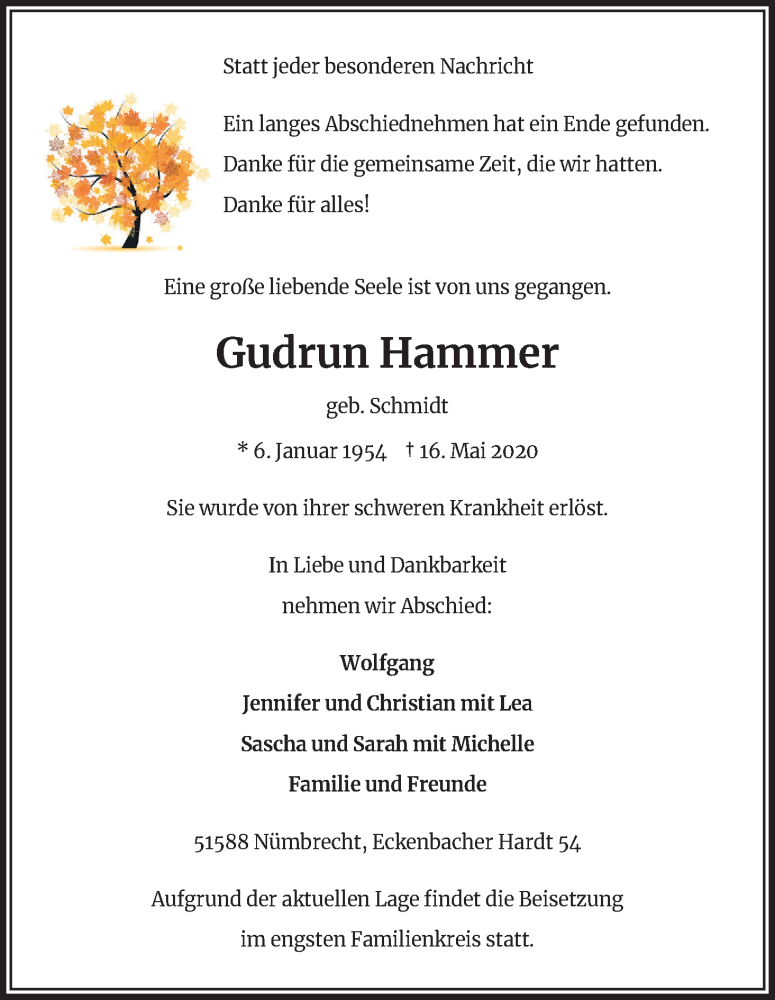  Traueranzeige für Gudrun Hammer vom 23.05.2020 aus Kölner Stadt-Anzeiger / Kölnische Rundschau / Express