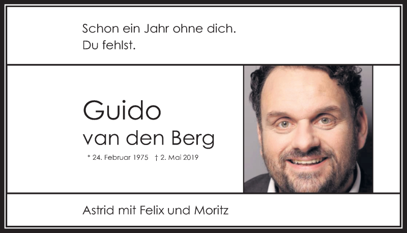  Traueranzeige für Guido van den Berg  vom 08.05.2020 aus  Werbepost 