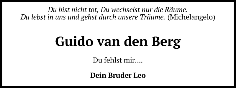 Traueranzeige für Guido van den Berg  vom 02.05.2020 aus Kölner Stadt-Anzeiger / Kölnische Rundschau / Express