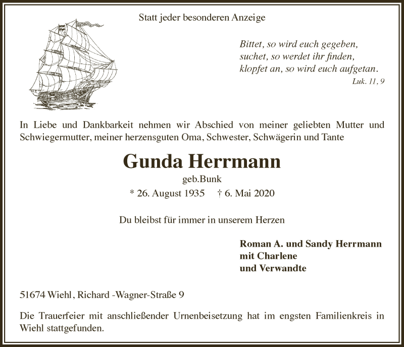  Traueranzeige für Gunda Herrmann vom 15.05.2020 aus  Anzeigen Echo 