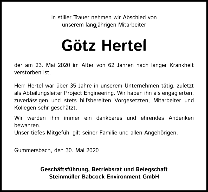  Traueranzeige für Götz Hertel vom 30.05.2020 aus Kölner Stadt-Anzeiger / Kölnische Rundschau / Express