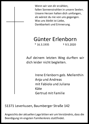 Anzeige von Günter Erlenborn von Kölner Stadt-Anzeiger / Kölnische Rundschau / Express