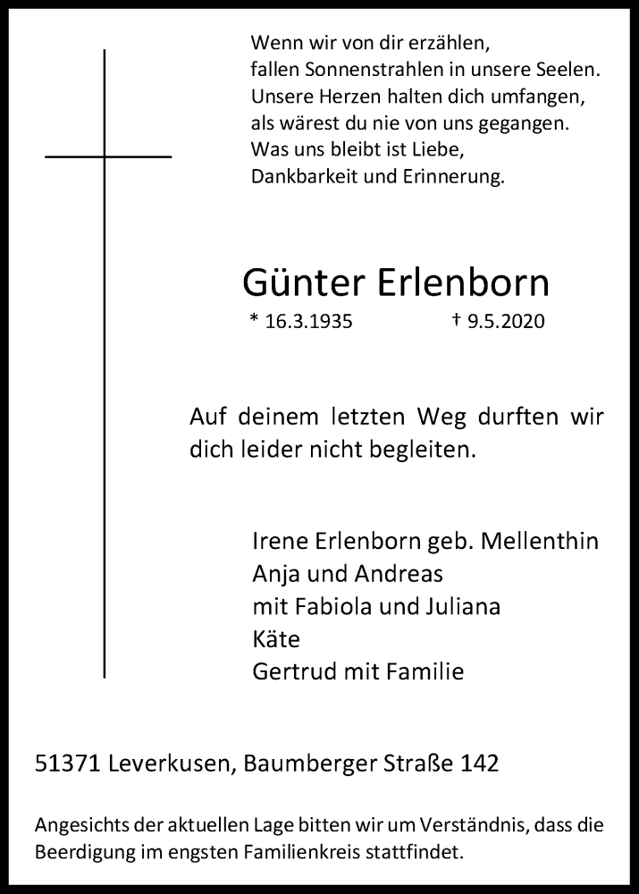  Traueranzeige für Günter Erlenborn vom 16.05.2020 aus Kölner Stadt-Anzeiger / Kölnische Rundschau / Express