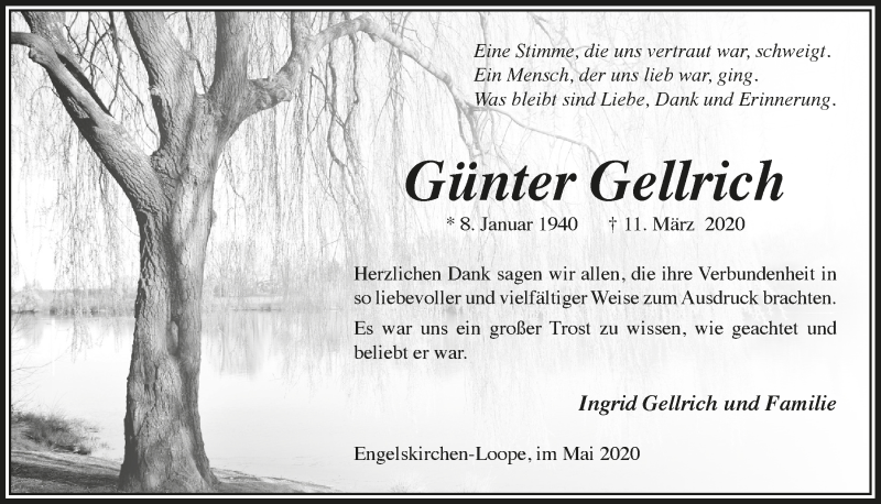  Traueranzeige für Günter Gellrich vom 08.05.2020 aus  Anzeigen Echo 