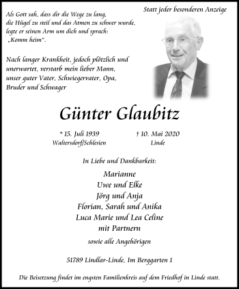 Anzeige von Günter Glaubitz von Kölner Stadt-Anzeiger / Kölnische Rundschau / Express