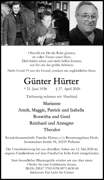 Anzeige von Günter Hürter von Kölner Stadt-Anzeiger / Kölnische Rundschau / Express