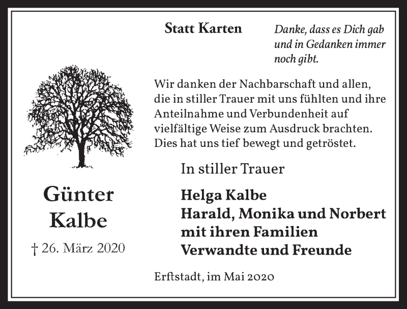  Traueranzeige für Günter Kalbe vom 22.05.2020 aus  Werbepost 