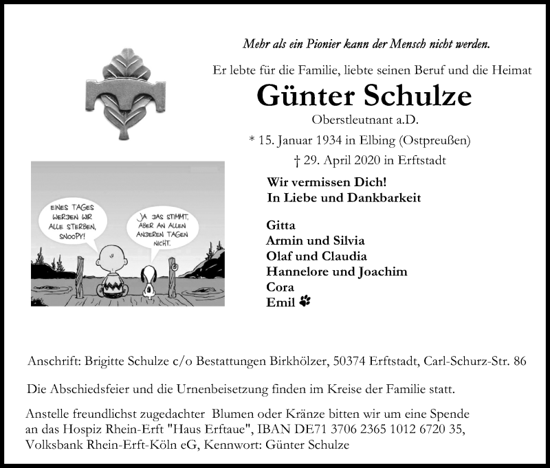  Traueranzeige für Günter Schulze vom 16.05.2020 aus Kölner Stadt-Anzeiger / Kölnische Rundschau / Express