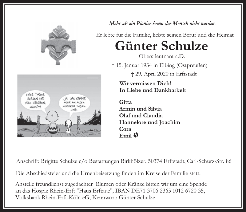  Traueranzeige für Günter Schulze vom 15.05.2020 aus  Werbepost 