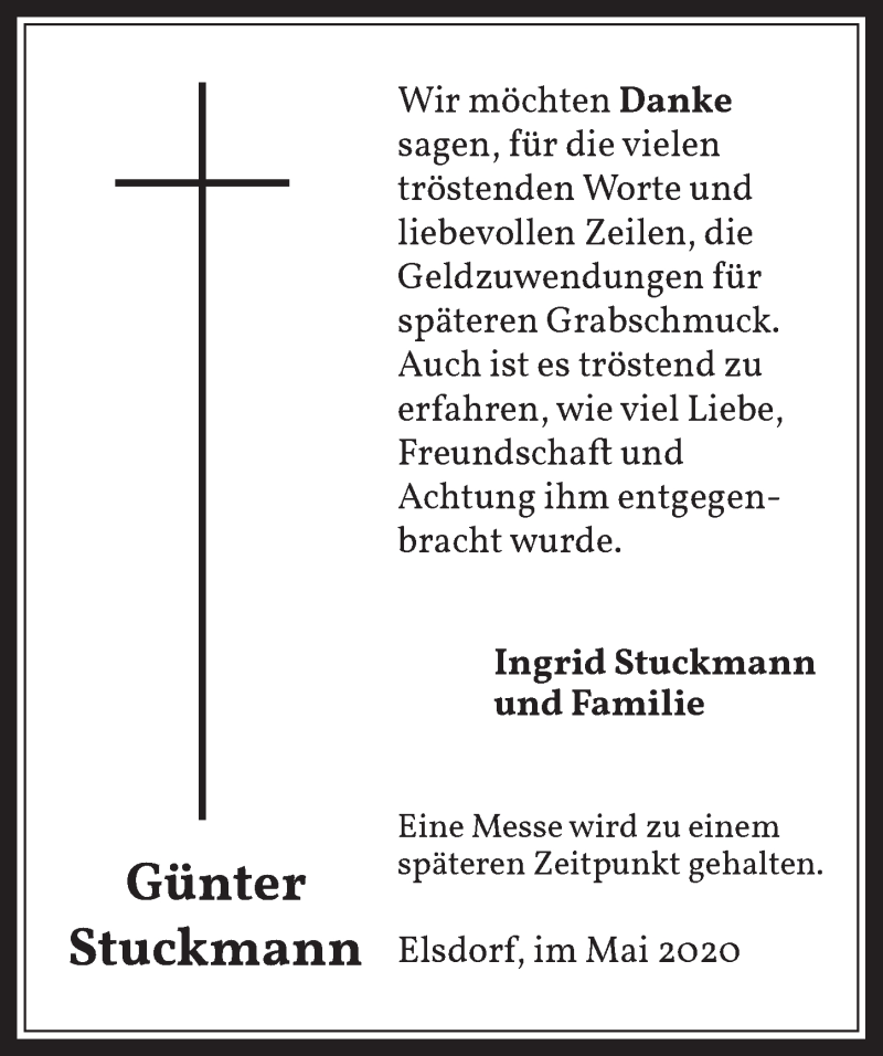  Traueranzeige für Günter Stuckmann vom 08.05.2020 aus  Werbepost 