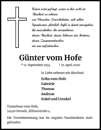 Anzeige von Günter vomHofe von Kölner Stadt-Anzeiger / Kölnische Rundschau / Express