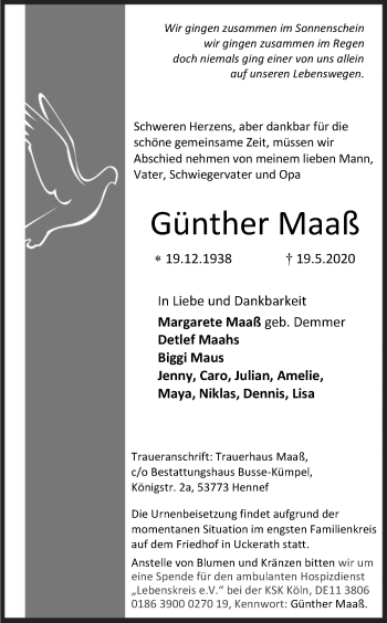 Anzeige von Günther Maaß von Kölner Stadt-Anzeiger / Kölnische Rundschau / Express