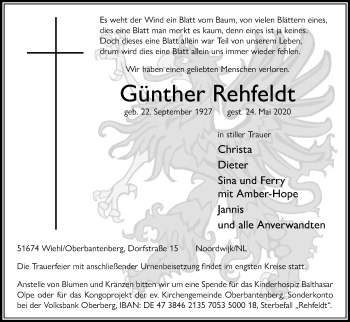 Anzeige von Günther Rehfeldt von Kölner Stadt-Anzeiger / Kölnische Rundschau / Express