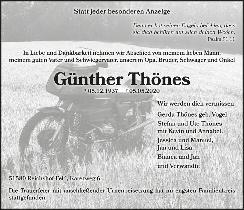  Traueranzeige für Günther Thönes vom 15.05.2020 aus  Anzeigen Echo  Lokalanzeiger 