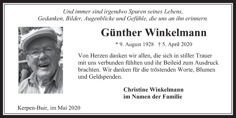  Traueranzeige für Günther Winkelmann vom 15.05.2020 aus  Werbepost 