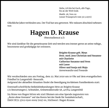 Anzeige von Hagen Krause von Kölner Stadt-Anzeiger / Kölnische Rundschau / Express