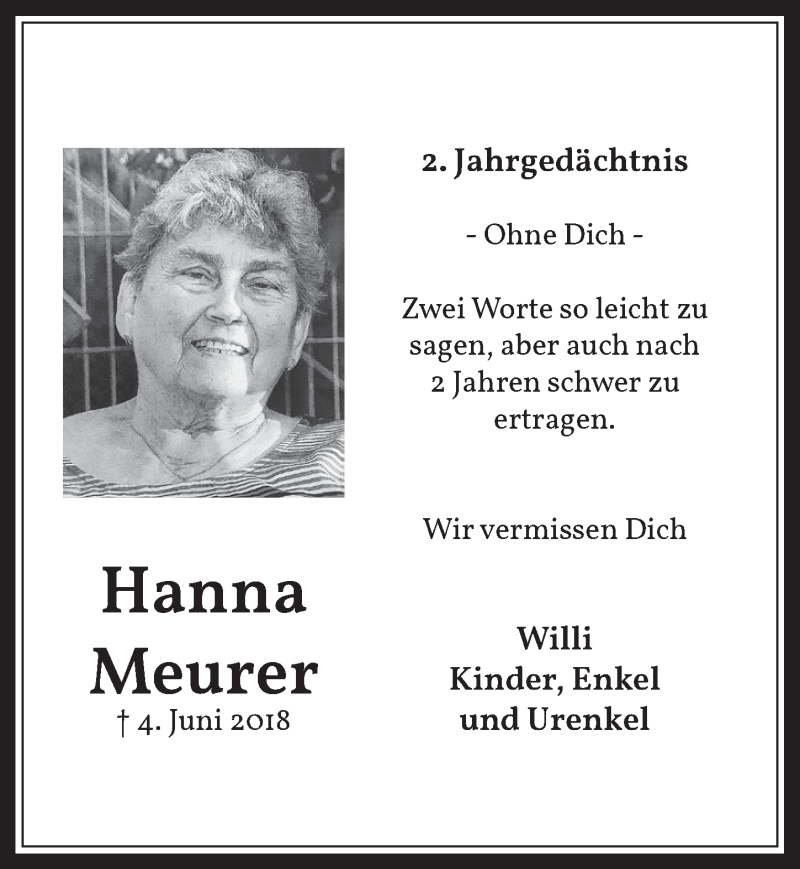  Traueranzeige für Hanna Meurer vom 29.05.2020 aus  Werbepost 