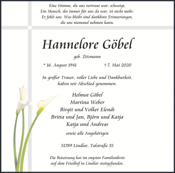 Anzeige von Hannelore Göbel von Kölner Stadt-Anzeiger / Kölnische Rundschau / Express