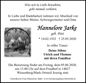Anzeige von Hannelore Jarke von Kölner Stadt-Anzeiger / Kölnische Rundschau / Express