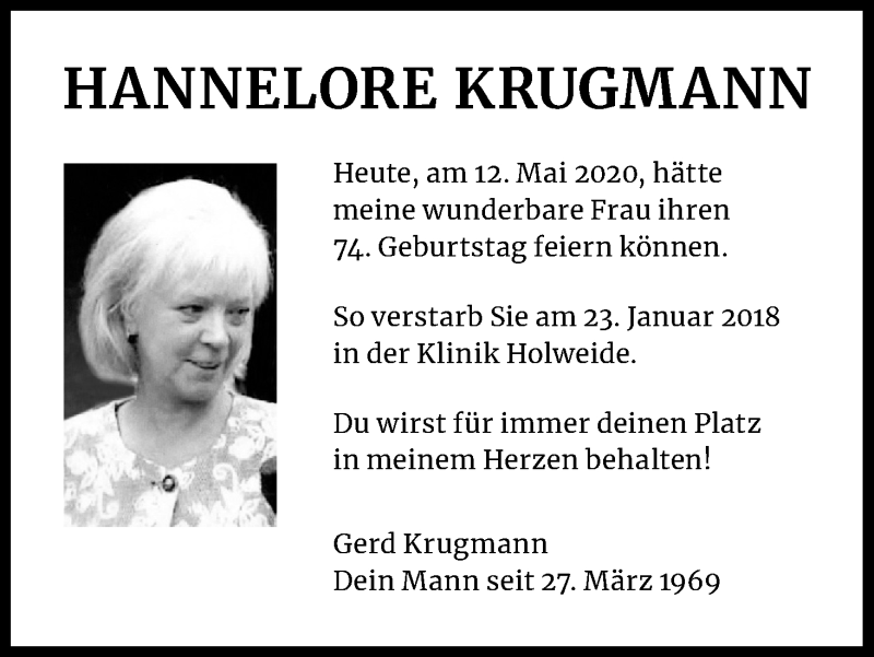  Traueranzeige für Hannelore Krugmann vom 12.05.2020 aus Kölner Stadt-Anzeiger / Kölnische Rundschau / Express