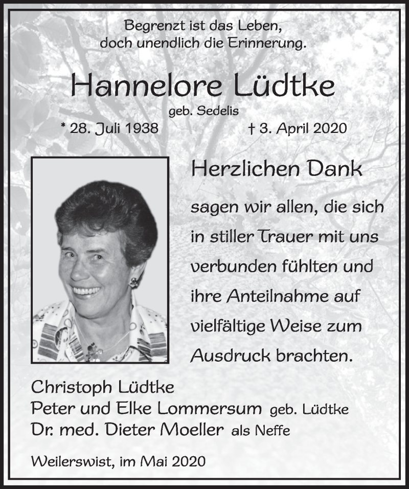  Traueranzeige für Hannelore Lüdtke vom 30.05.2020 aus  Blickpunkt Euskirchen 