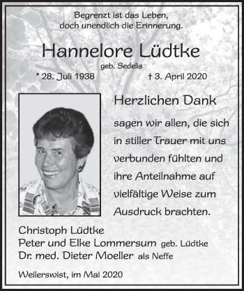 Anzeige von Hannelore Lüdtke von  Blickpunkt Euskirchen 