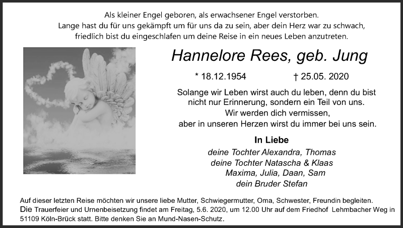  Traueranzeige für Hannelore Rees vom 30.05.2020 aus Kölner Stadt-Anzeiger / Kölnische Rundschau / Express