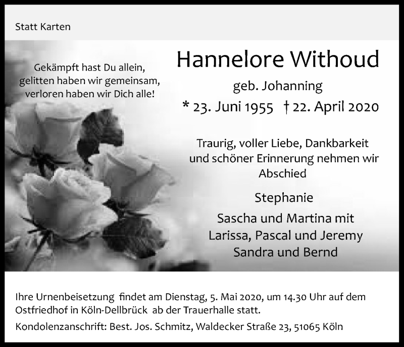  Traueranzeige für Hannelore Withoud vom 02.05.2020 aus Kölner Stadt-Anzeiger / Kölnische Rundschau / Express